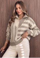 Pulover w paski z rozpinanym kołnierzem Cozy Stripe bej