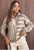Pulover w paski z rozpinanym kołnierzem Cozy Stripe bej