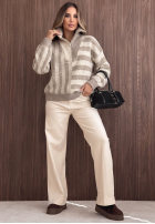 Pulover w paski z rozpinanym kołnierzem Cozy Stripe bej