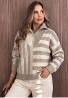 Pulover w paski z rozpinanym kołnierzem Cozy Stripe bej