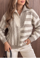 Pulover w paski z rozpinanym kołnierzem Cozy Stripe bej