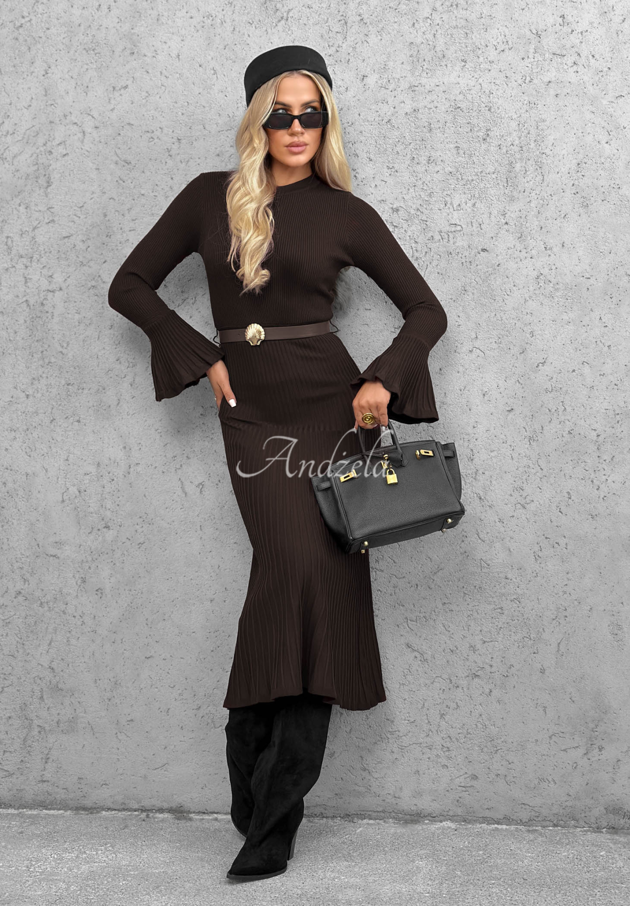 Rochie midi reiată din viscoză cu mâneci lungi evazate Lovely Day