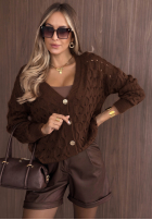 Krótki ażurowy Cardigan z zapięciem Knit Haven camel