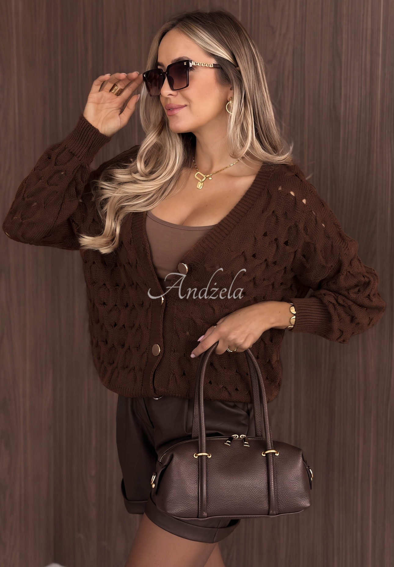 Cardigan scurt ajurat cu închidere Knit Haven