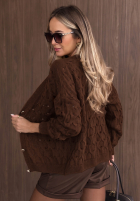Krótki ażurowy Cardigan z zapięciem Knit Haven camel