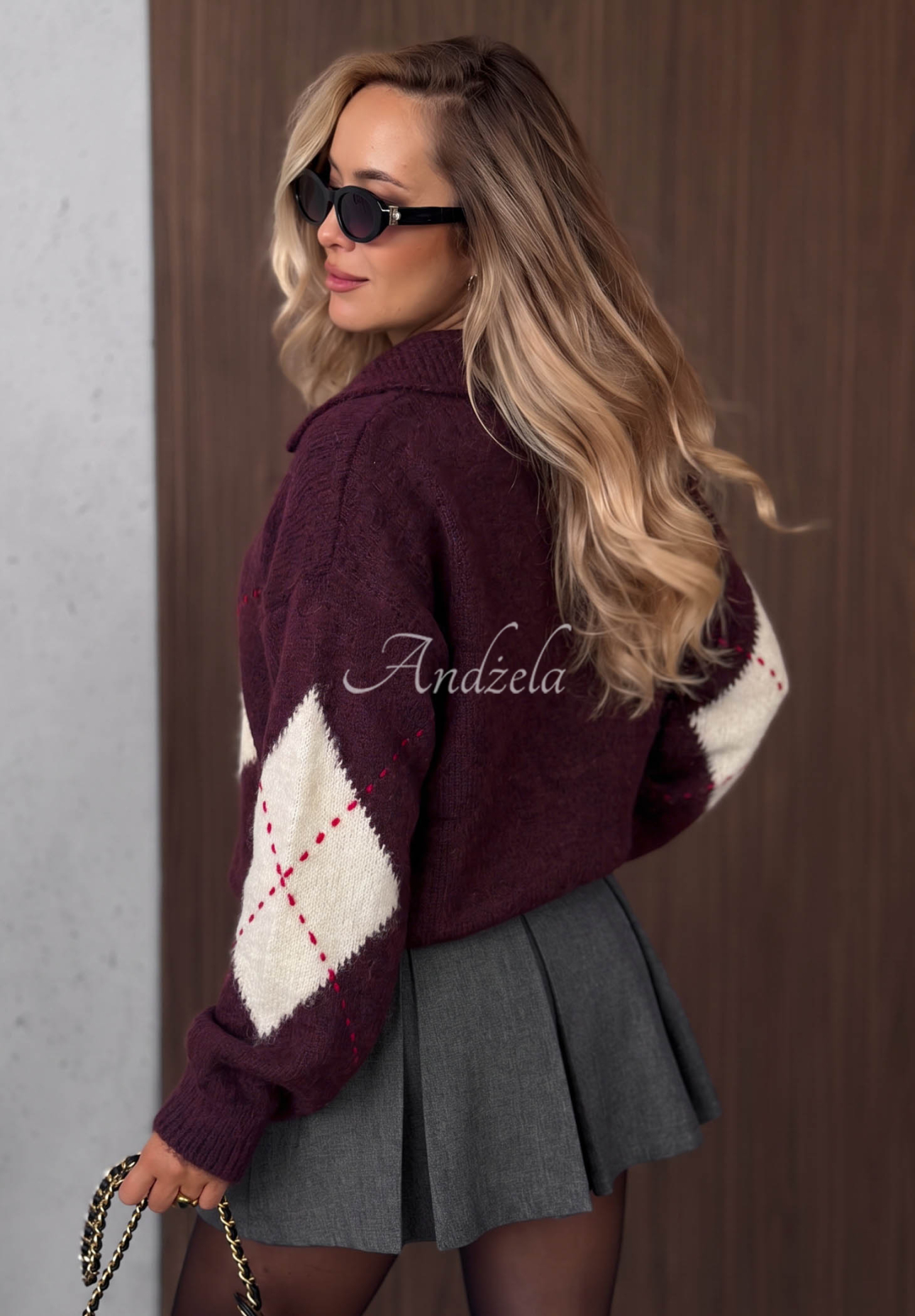 Pulover cu model în romburi din lână și vâscoză Late Romance