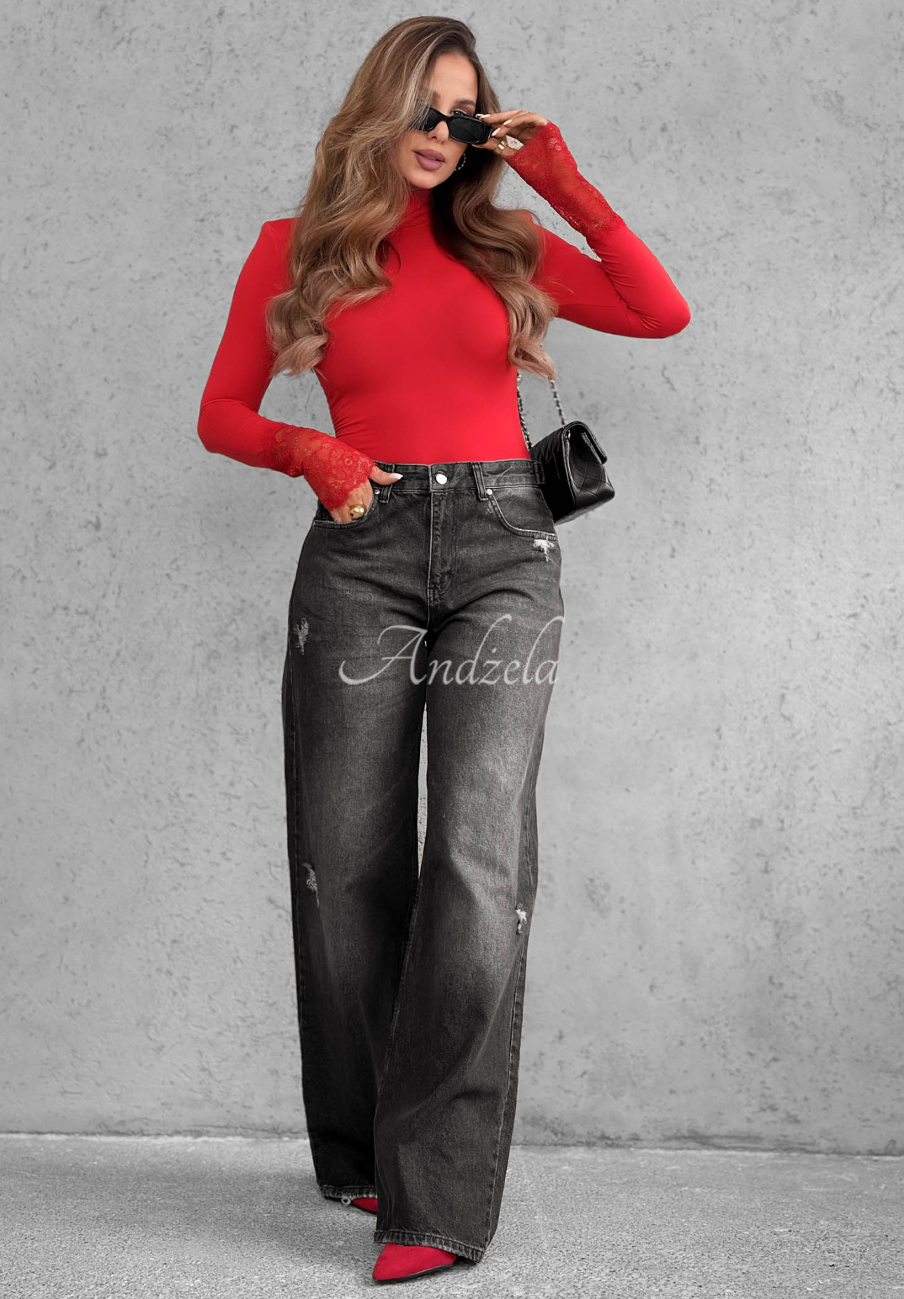 Blugi wide leg cu abraziuni Don't Touch