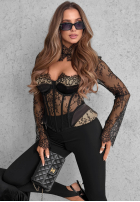 Gorsetowa Bluză z koronki z dekoltem Lace Kiss negru