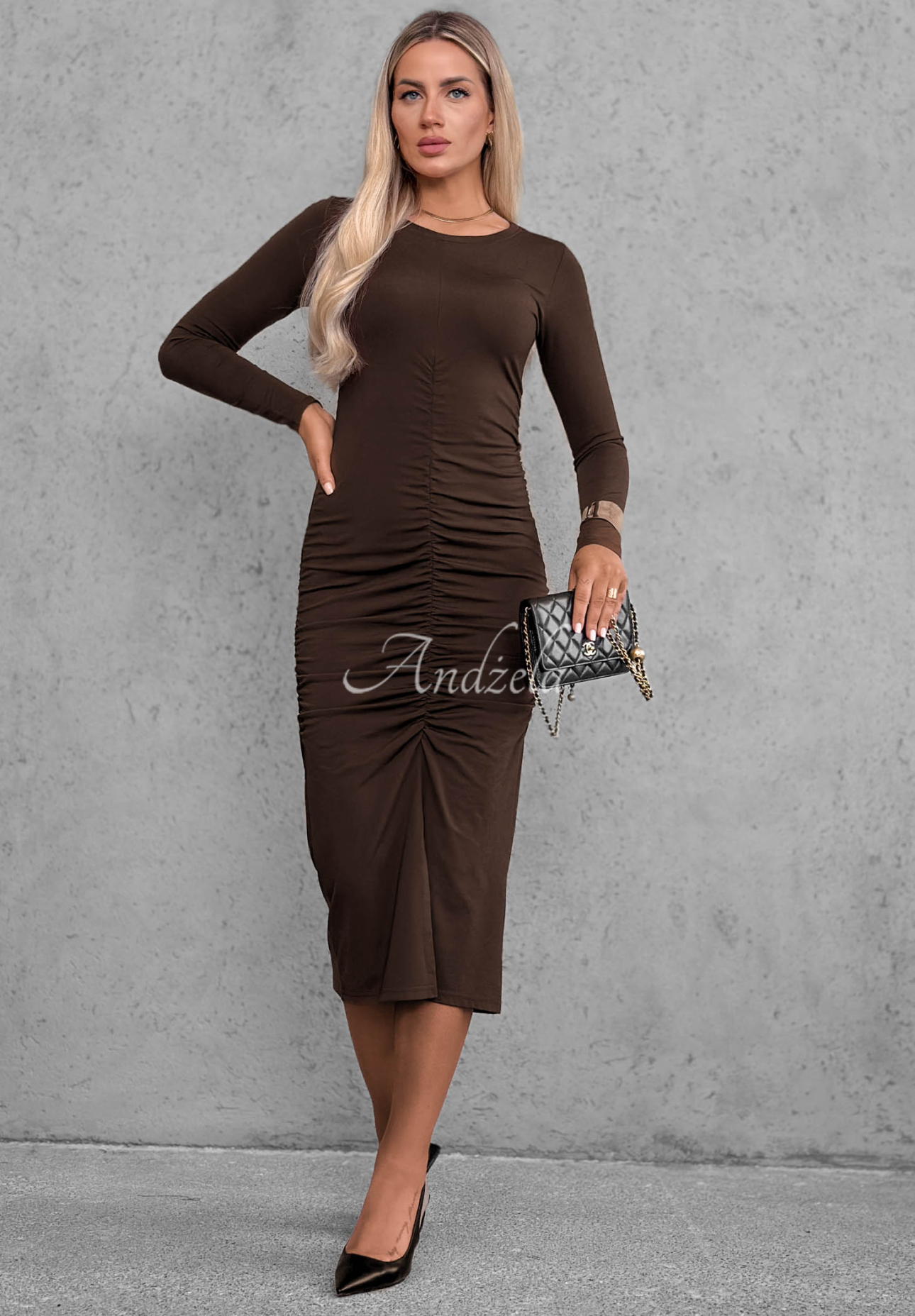 Rochie din viscoză cu mâneci lungi și pliuri Shadow