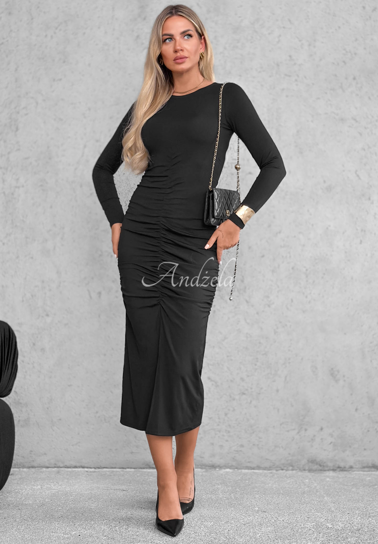 Rochie din viscoză cu mâneci lungi și pliuri Shadow