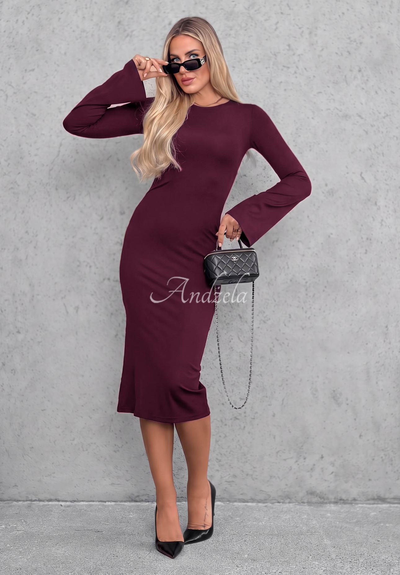 Rochie din viscoză cu mâneci lungi evazate Champagne Nights