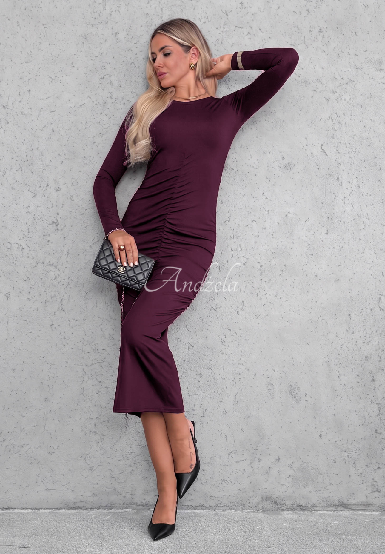 Rochie din viscoză cu mâneci lungi și pliuri Shadow
