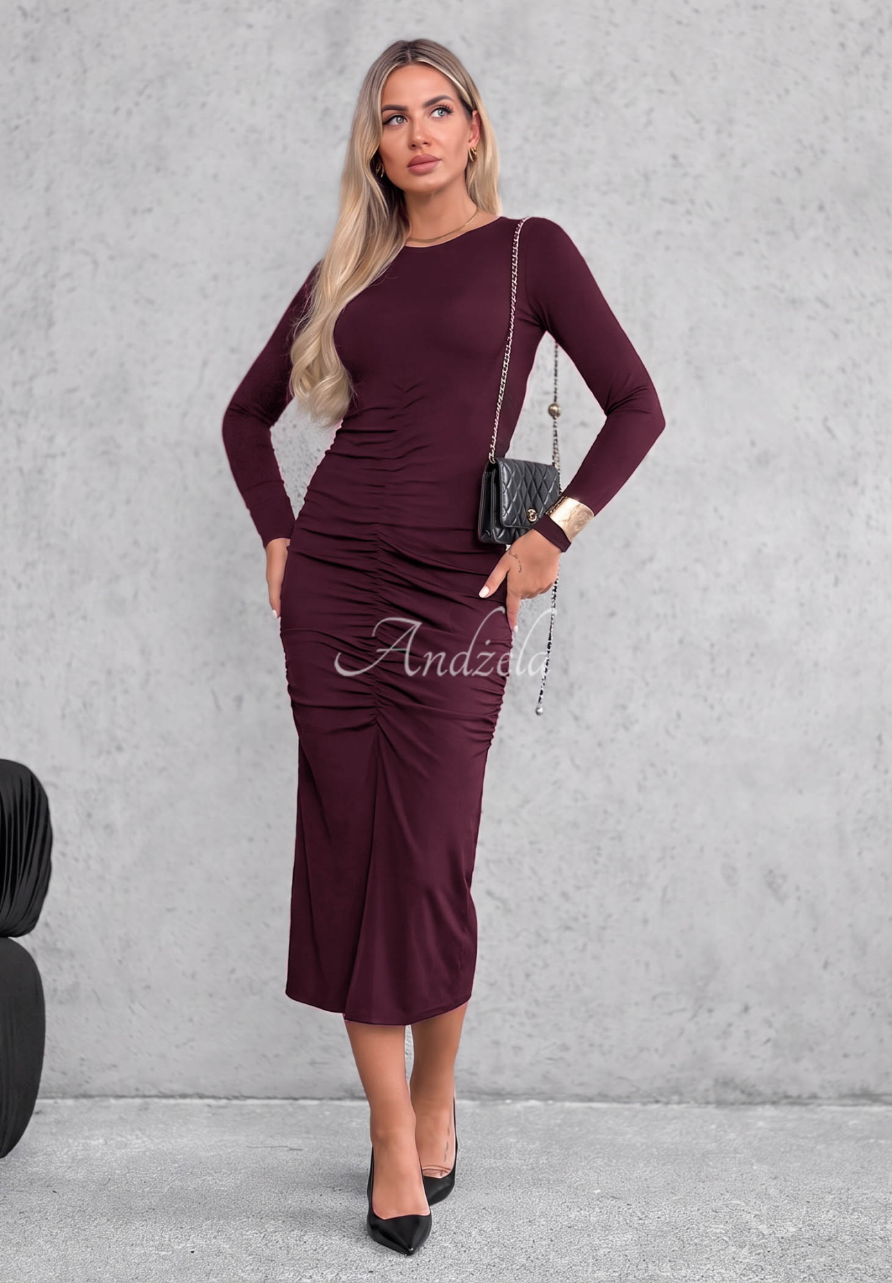 Rochie din viscoză cu mâneci lungi și pliuri Shadow