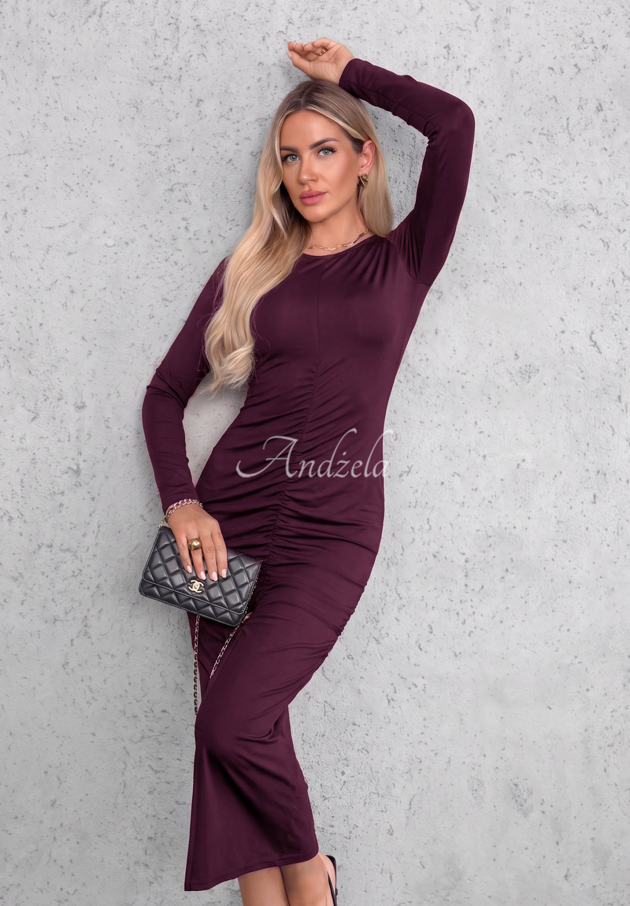 Rochie din viscoză cu mâneci lungi și pliuri Shadow