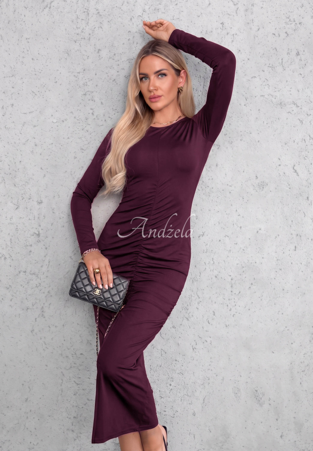 Rochie din viscoză cu m&acirc;neci lungi și pliuri Shadow
