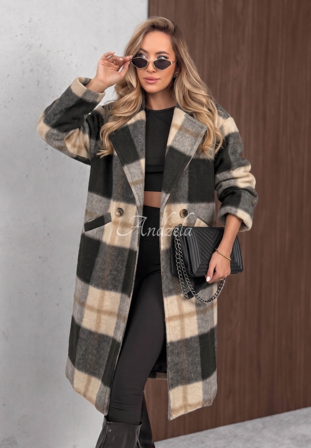Pardesiu lung oversize &icirc;n carouri, din l&acirc;nă Cloudy Daydream