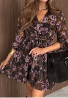 Kwiecista Rochie mini z falbankami i paskiem Autumn Bouquet ciocolatie