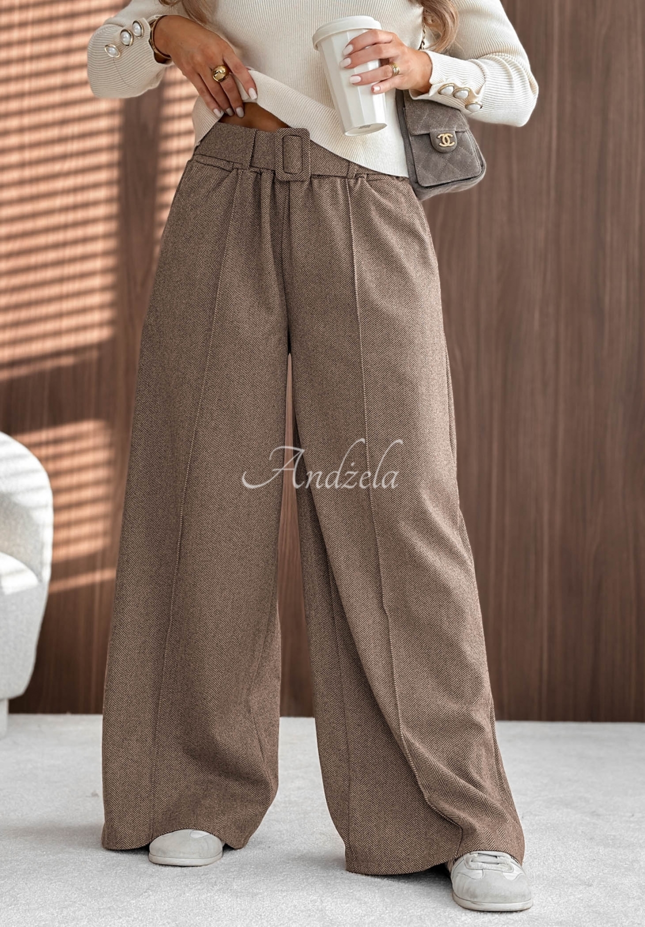 Pantaloni wide leg din viscoză cu cusături Warm Coffee