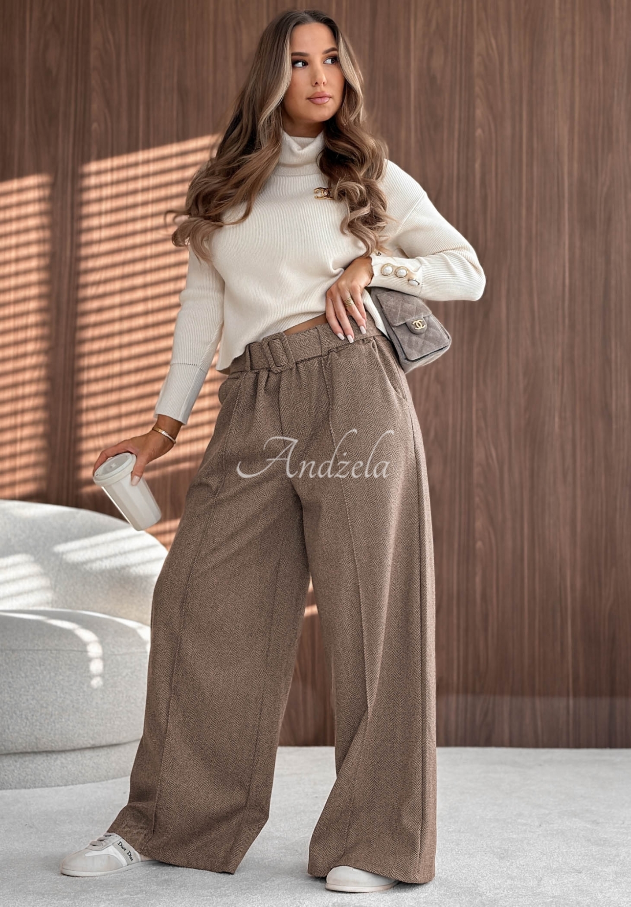 Pantaloni wide leg din viscoză cu cusături Warm Coffee