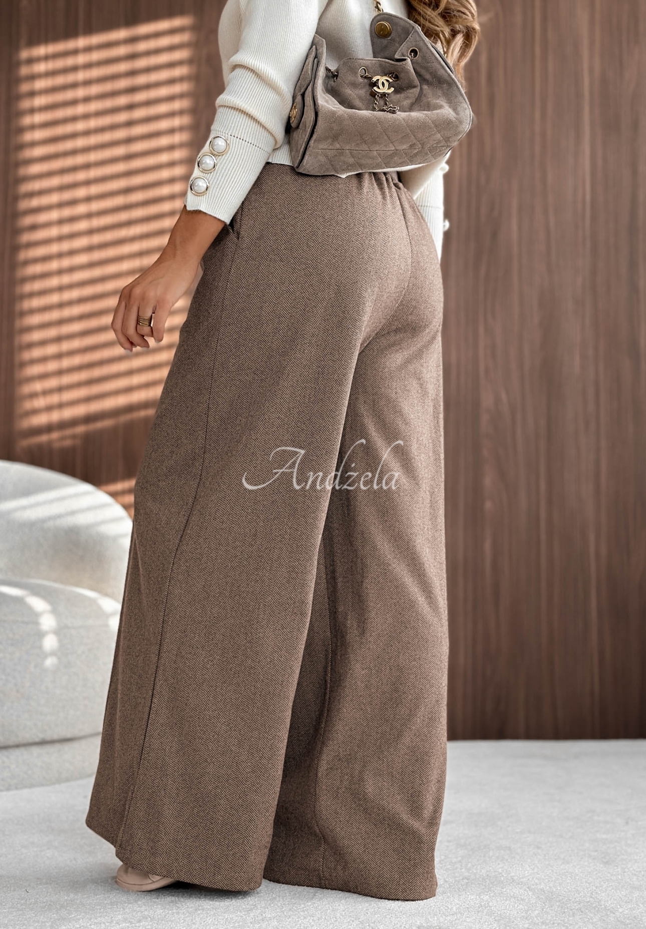 Pantaloni wide leg din viscoză cu cusături Warm Coffee