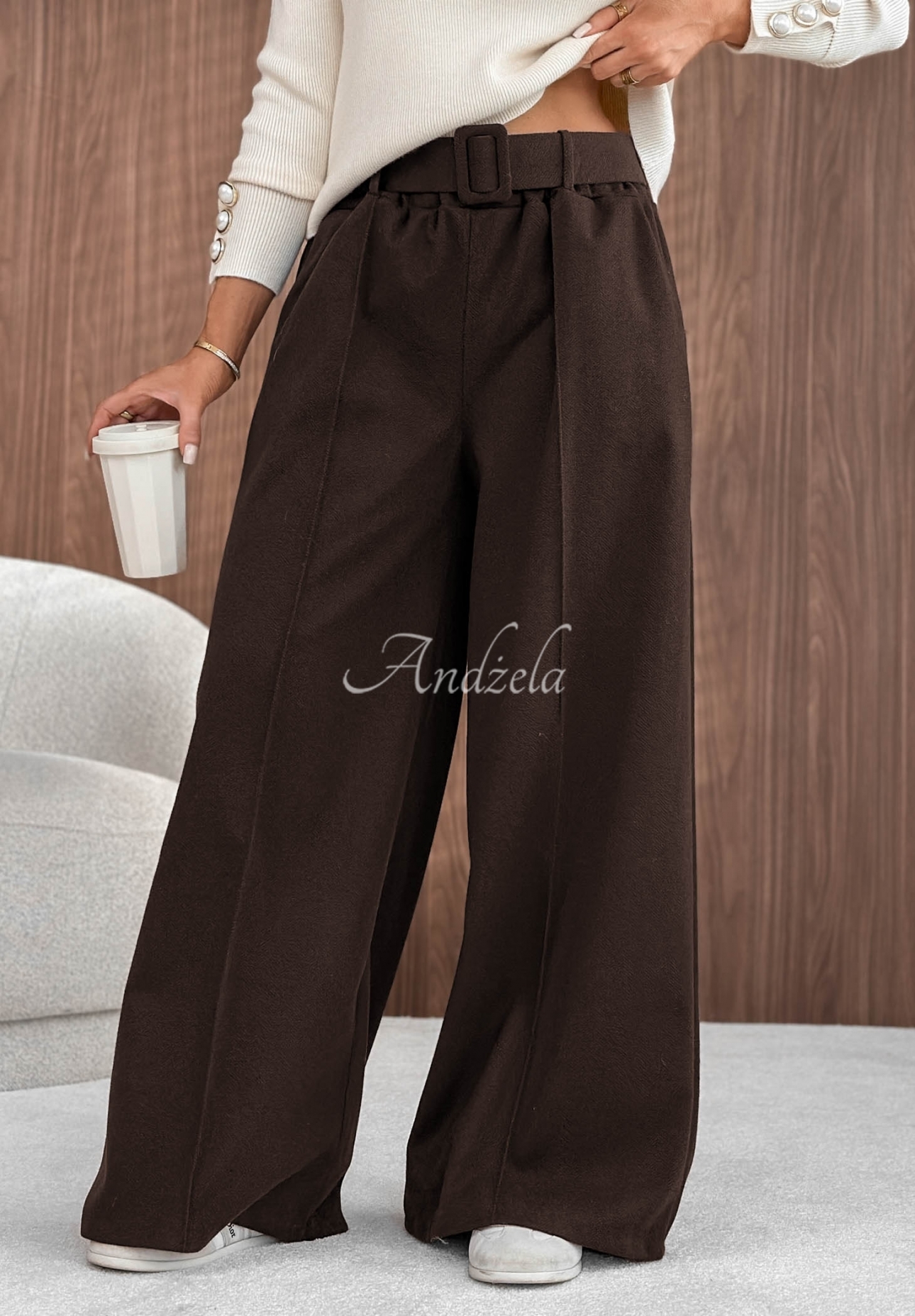 Pantaloni wide leg din viscoză cu cusături Warm Coffee