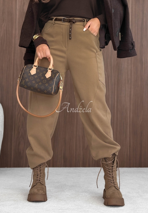 Pantaloni din material textil mom fit cu curea Lucky Fall