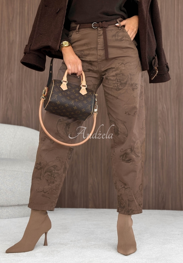 Pantaloni mom fit cu imprimeu și curea Coffee Art