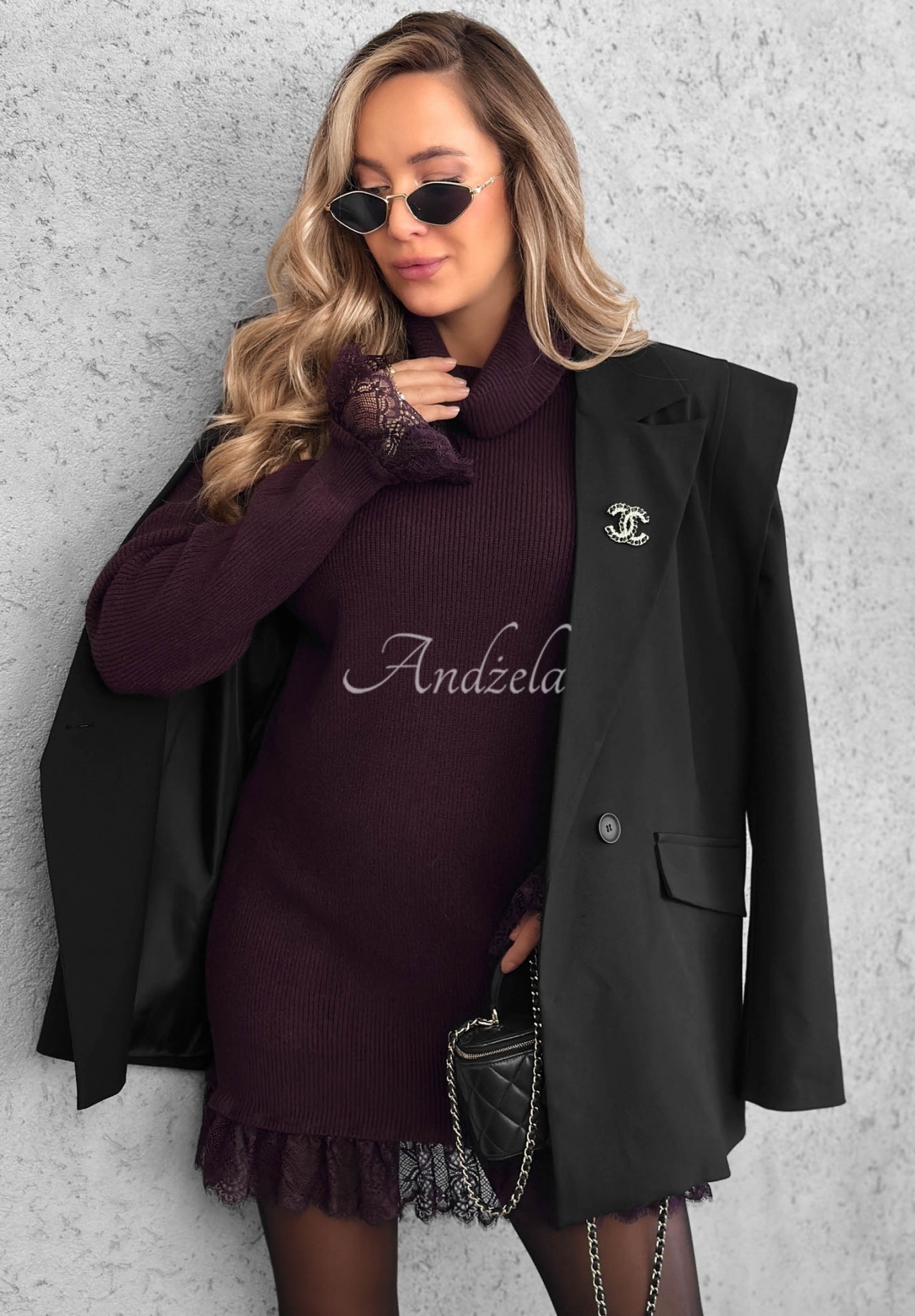 Rochie-pulover din viscoză cu guler înalt și dantelă Autumn Spell