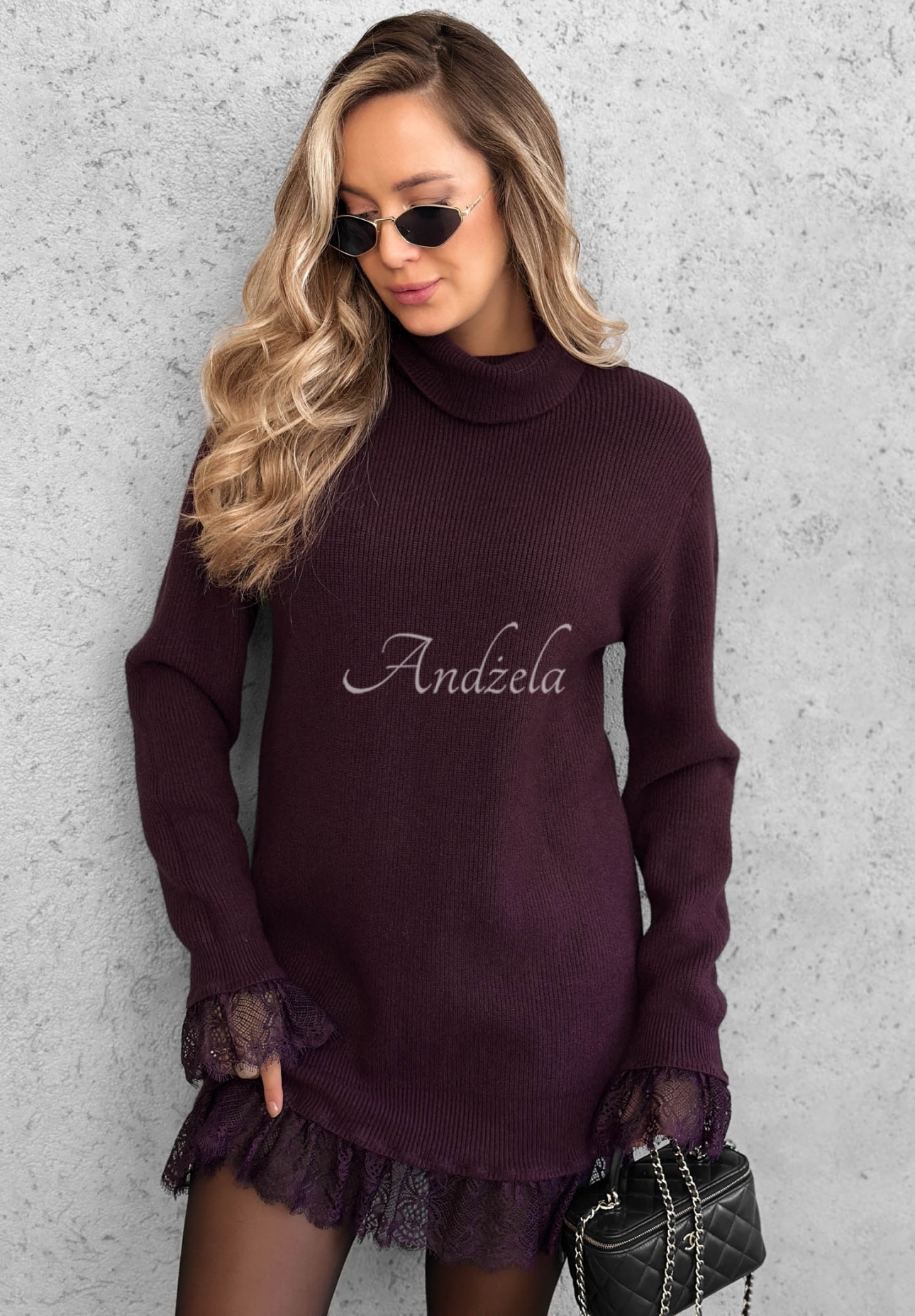 Rochie-pulover din viscoză cu guler înalt și dantelă Autumn Spell