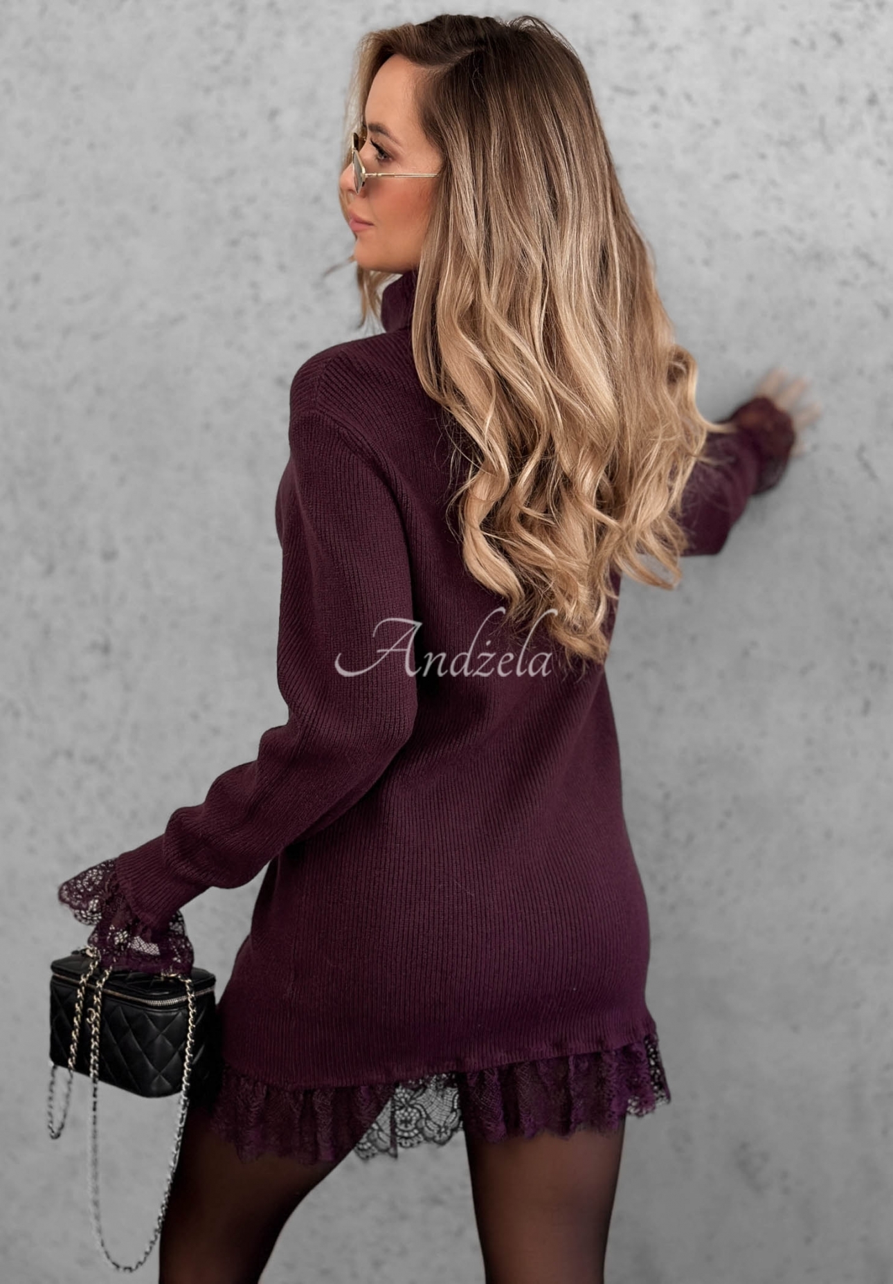 Rochie-pulover din viscoză cu guler înalt și dantelă Autumn Spell