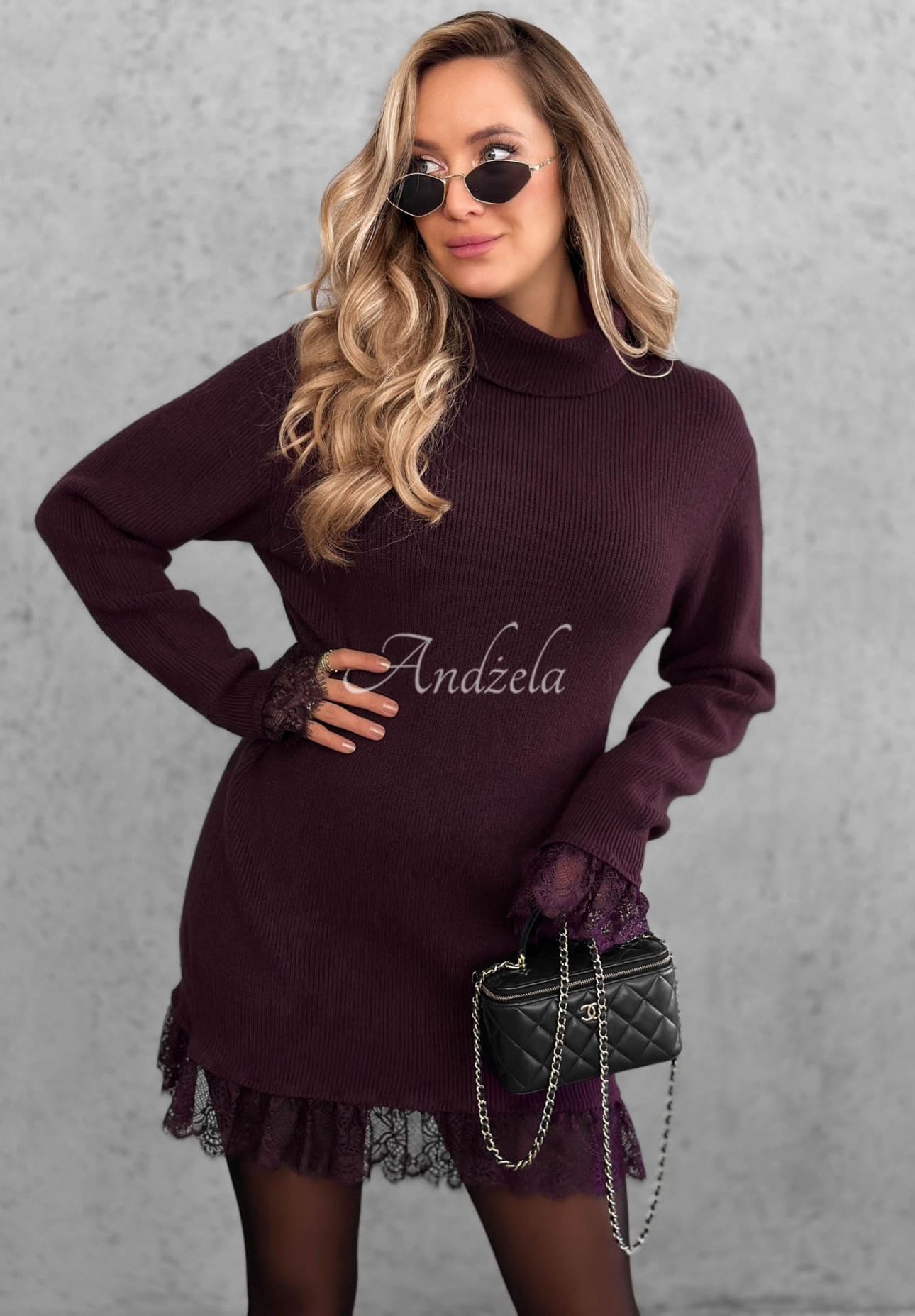 Rochie-pulover din viscoză cu guler înalt și dantelă Autumn Spell
