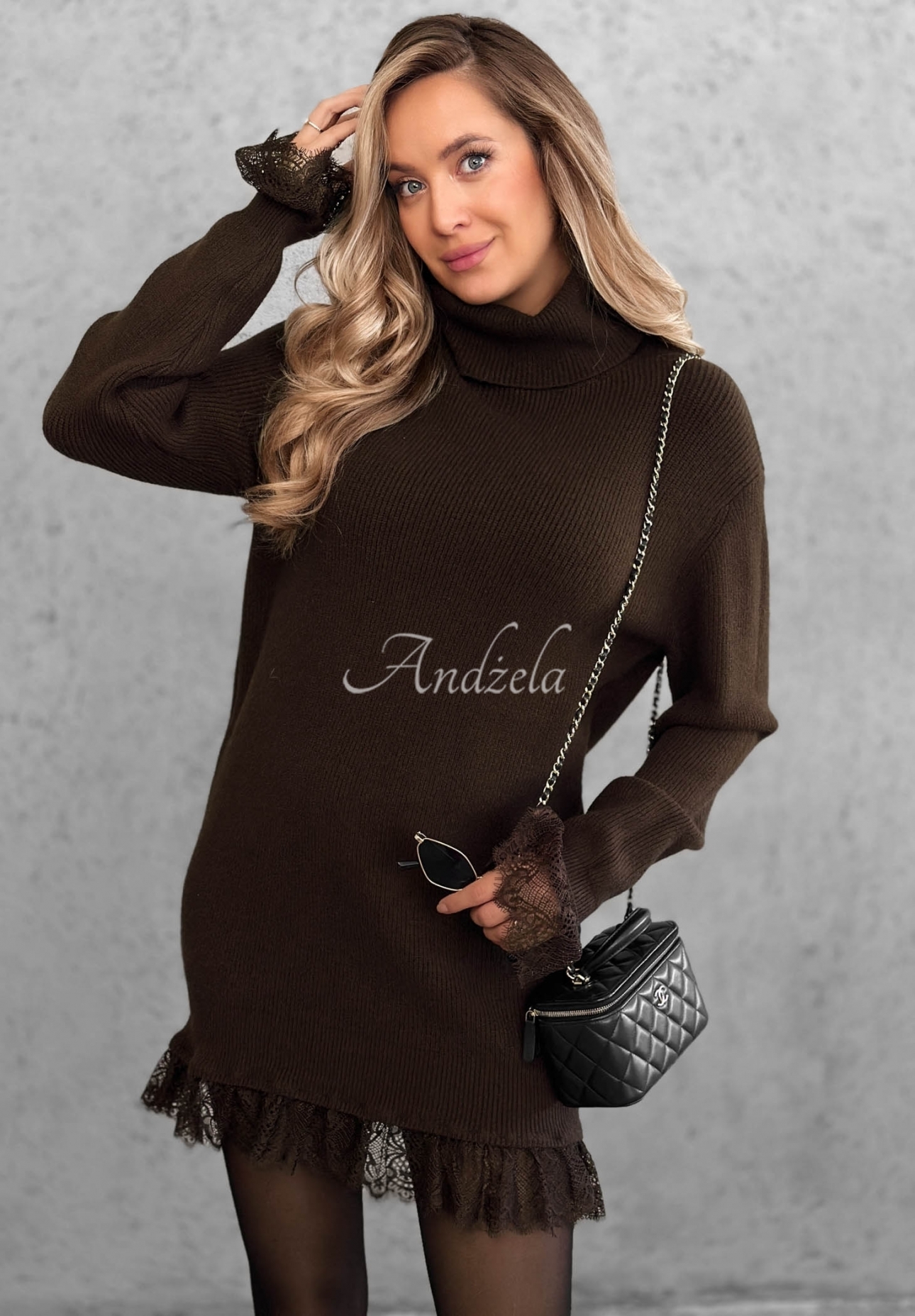 Rochie-pulover din viscoză cu guler înalt și dantelă Autumn Spell