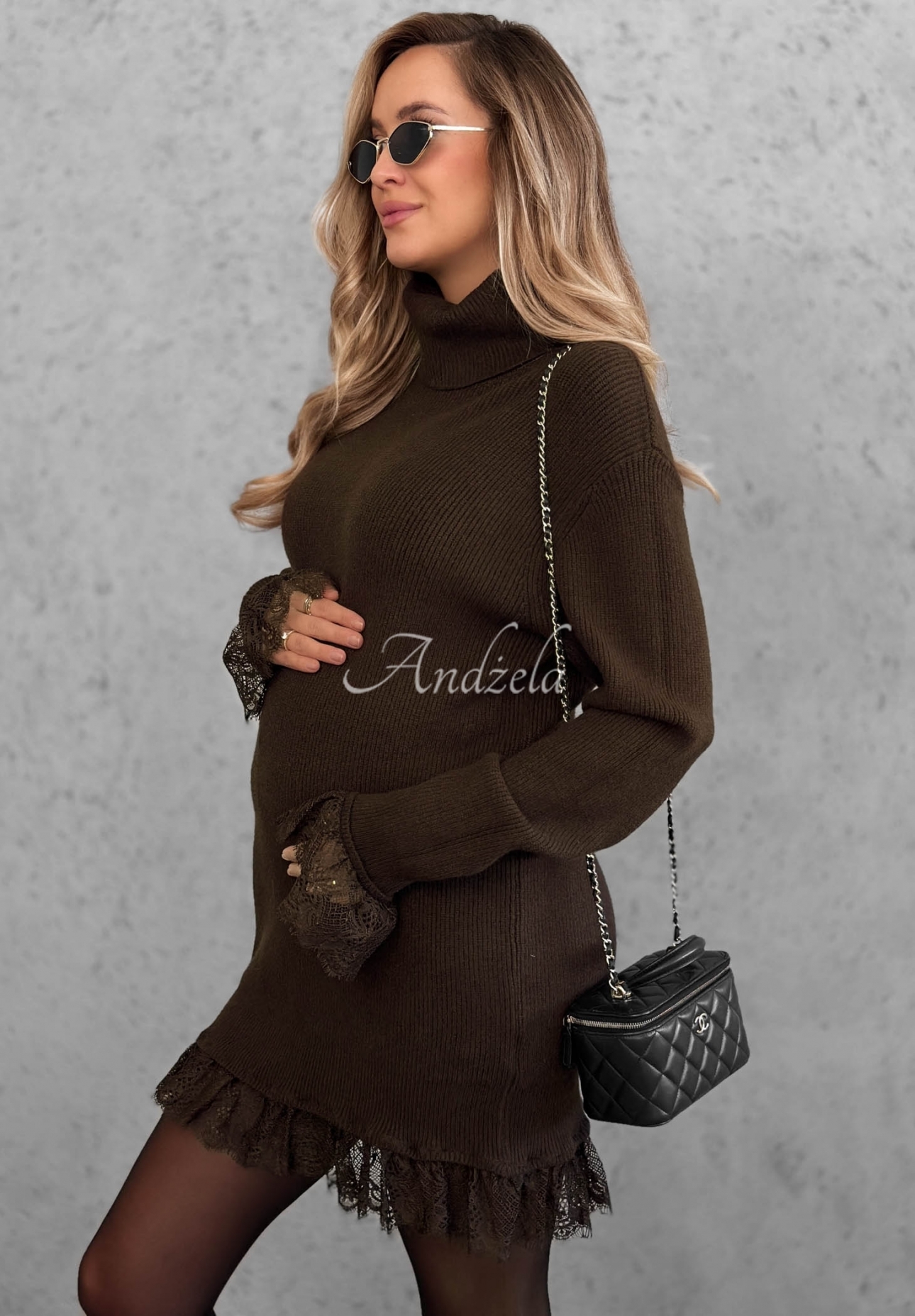 Rochie-pulover din viscoză cu guler înalt și dantelă Autumn Spell
