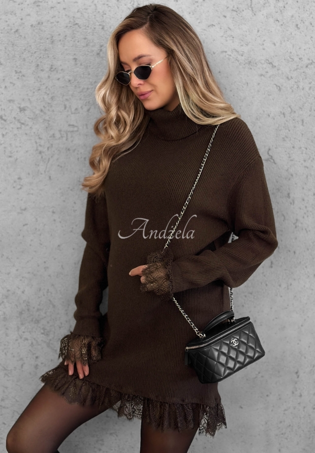 Rochie-pulover din viscoză cu guler &icirc;nalt și dantelă Autumn Spell
