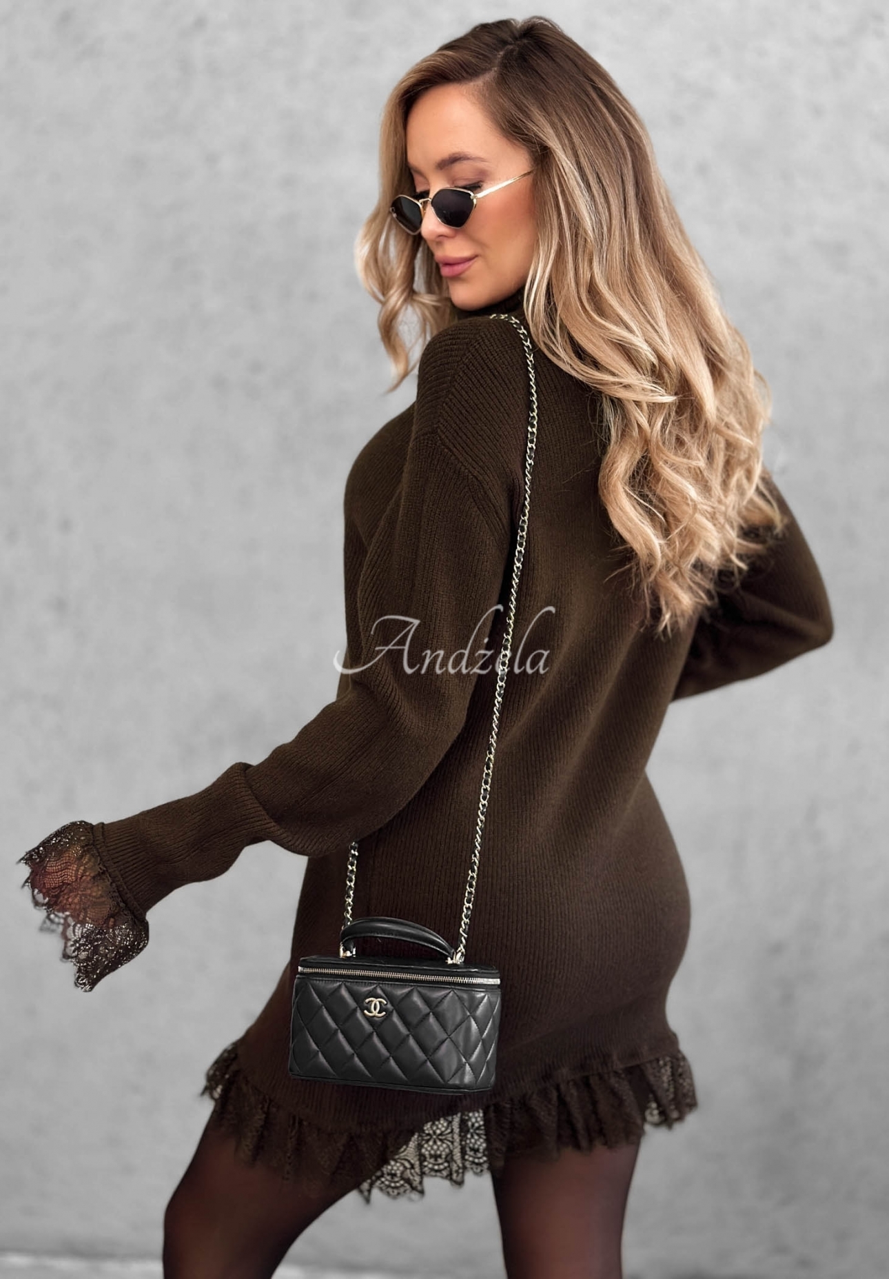Rochie-pulover din viscoză cu guler înalt și dantelă Autumn Spell