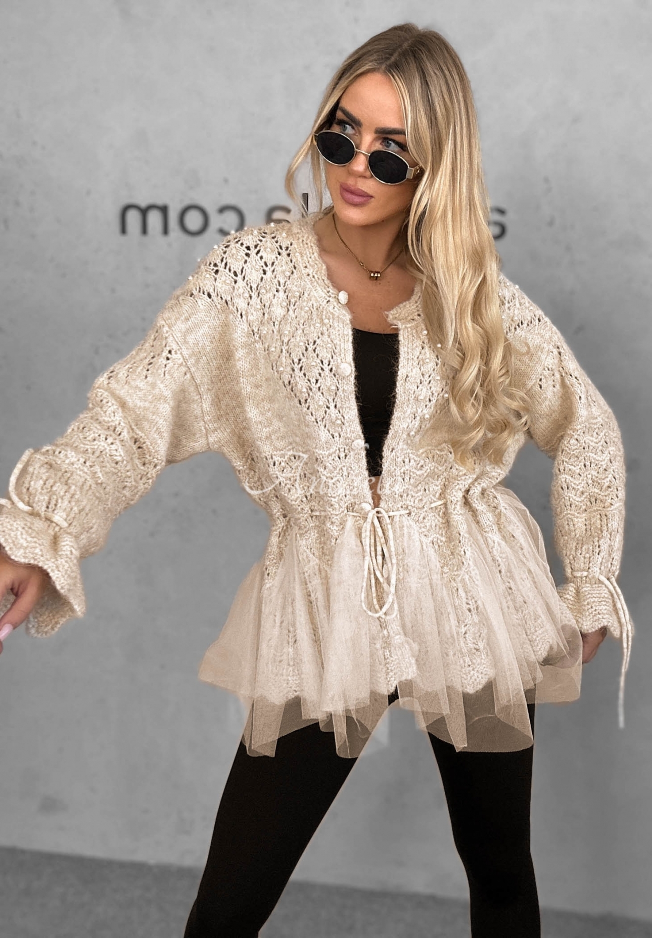Cardigan împletit decorativ cu lână, perle și tul Blush Darling
