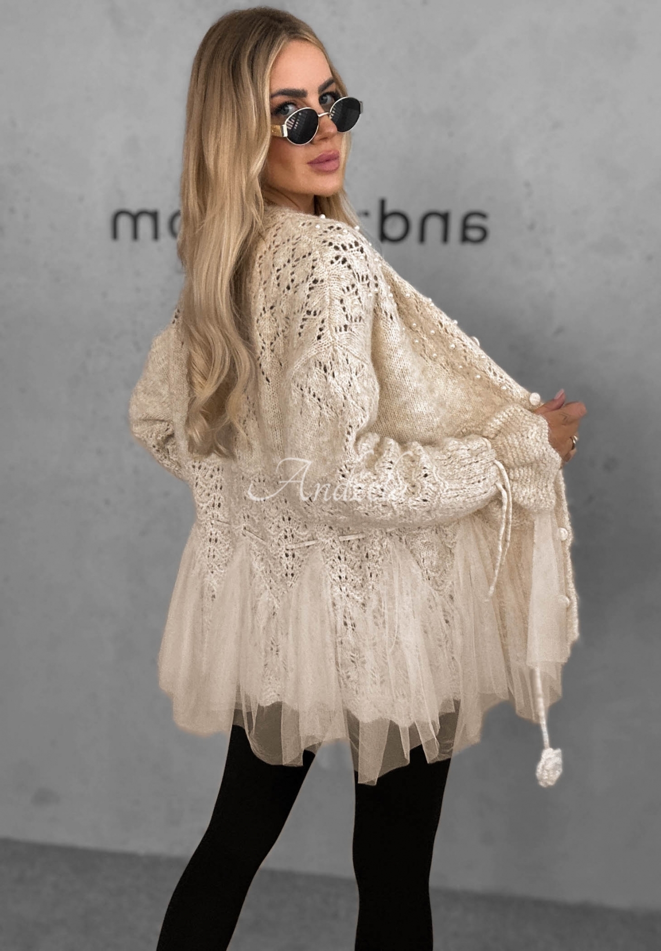 Cardigan împletit decorativ cu lână, perle și tul Blush Darling