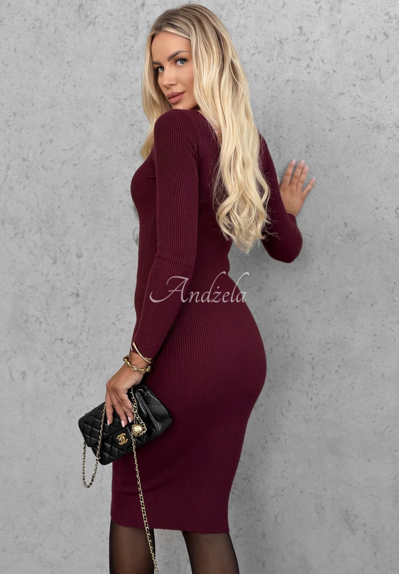 Rochie midi mulată din viscoză cu mâneci lungi și decolteu City Morning