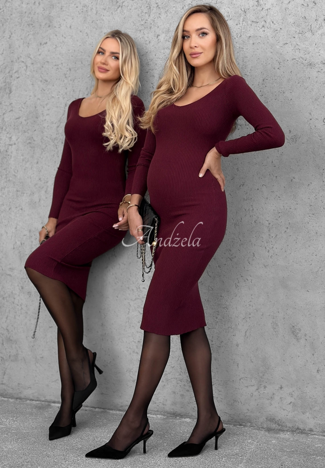 Rochie midi mulată din viscoză cu mâneci lungi și decolteu City Morning