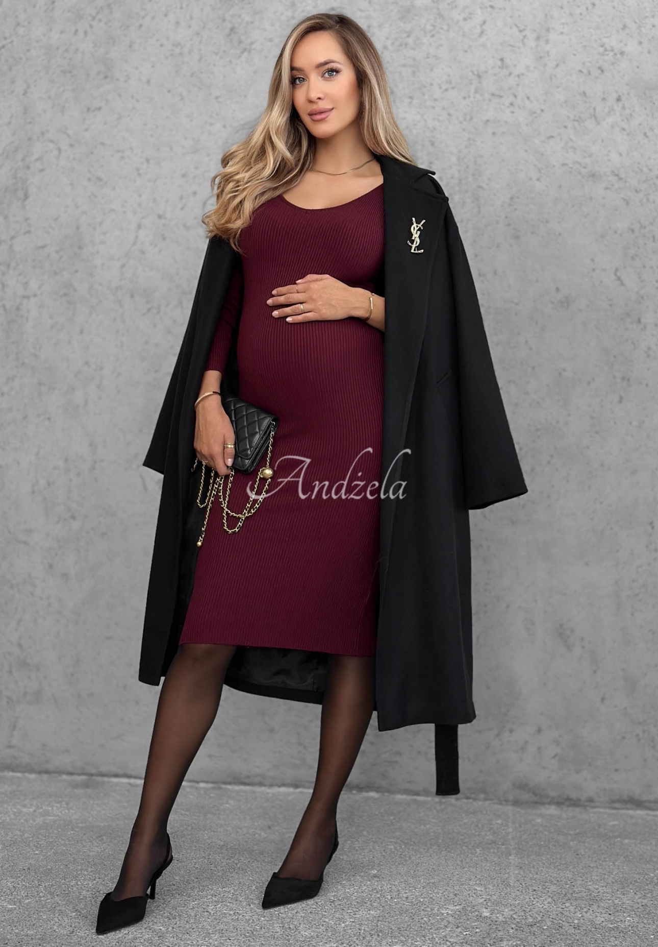 Rochie midi mulată din viscoză cu mâneci lungi și decolteu City Morning