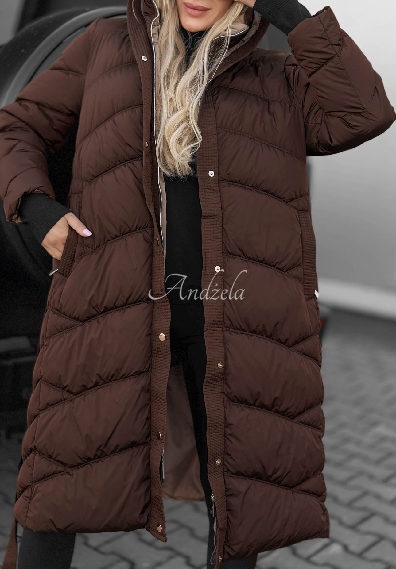 Geacă lungă matlasată cu glugă și guler Frost Angel