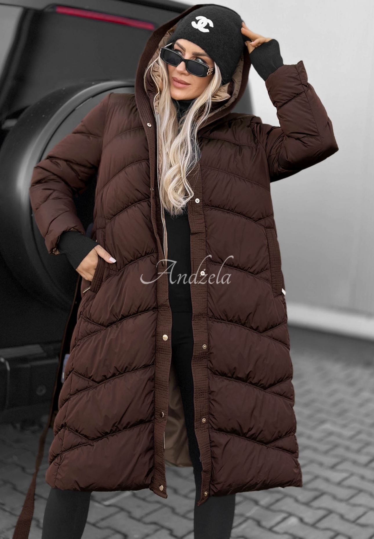 Geacă lungă matlasată cu glugă și guler Frost Angel