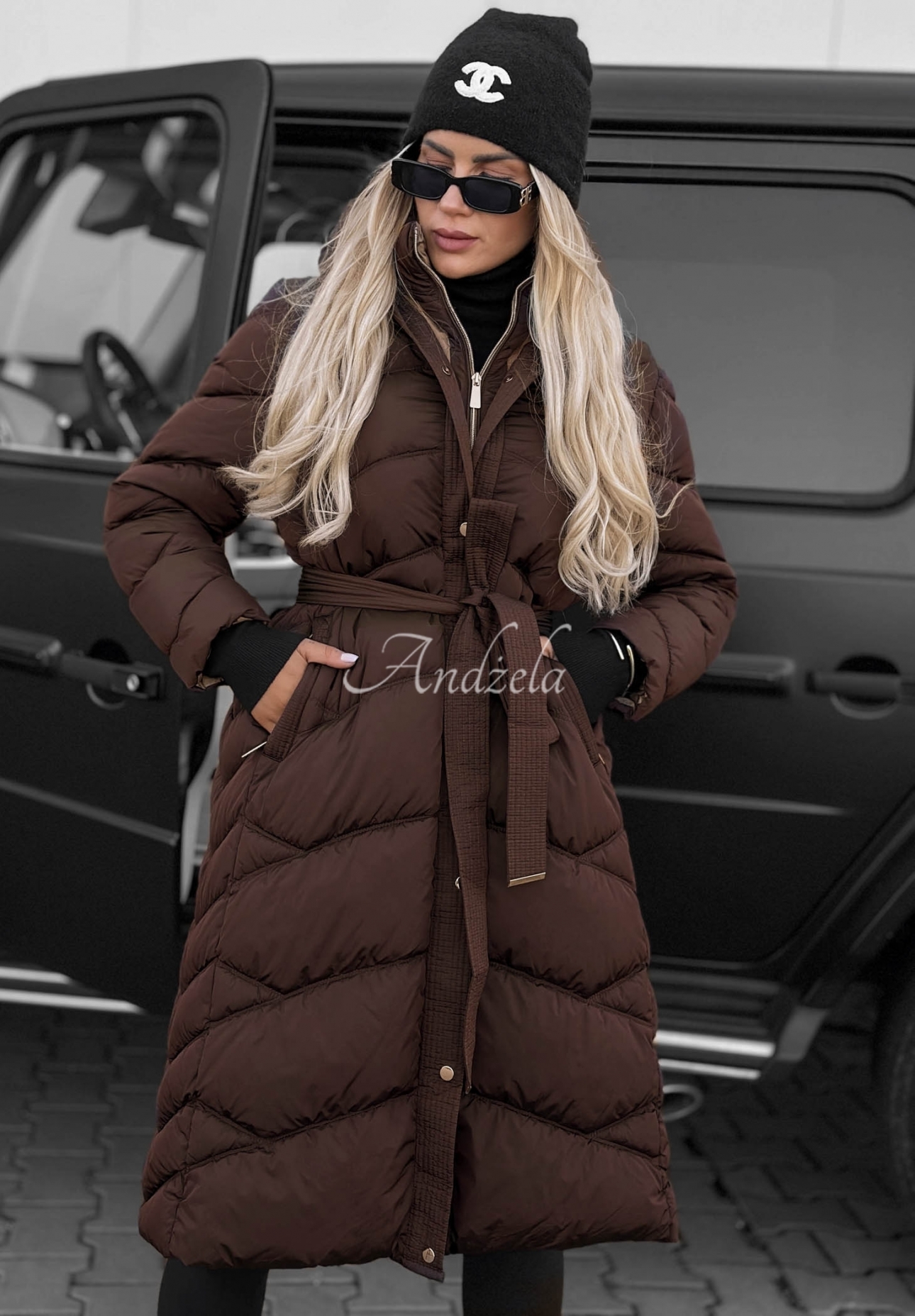 Geacă lungă matlasată cu glugă și guler Frost Angel