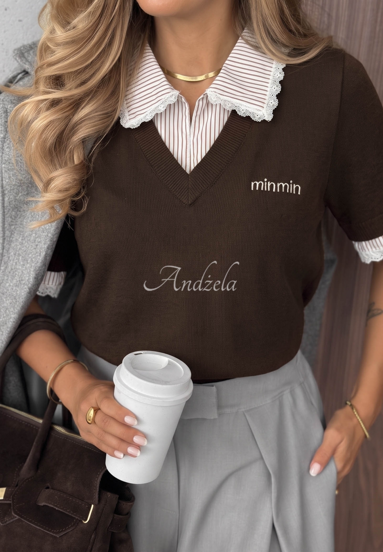 Pulover din vâscoză cu dantelă și guler în dungi Fall Stripes