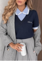 Miękki sweterek z koronką i kołnierzykiem w paski Fall Stripes ciocolatiu