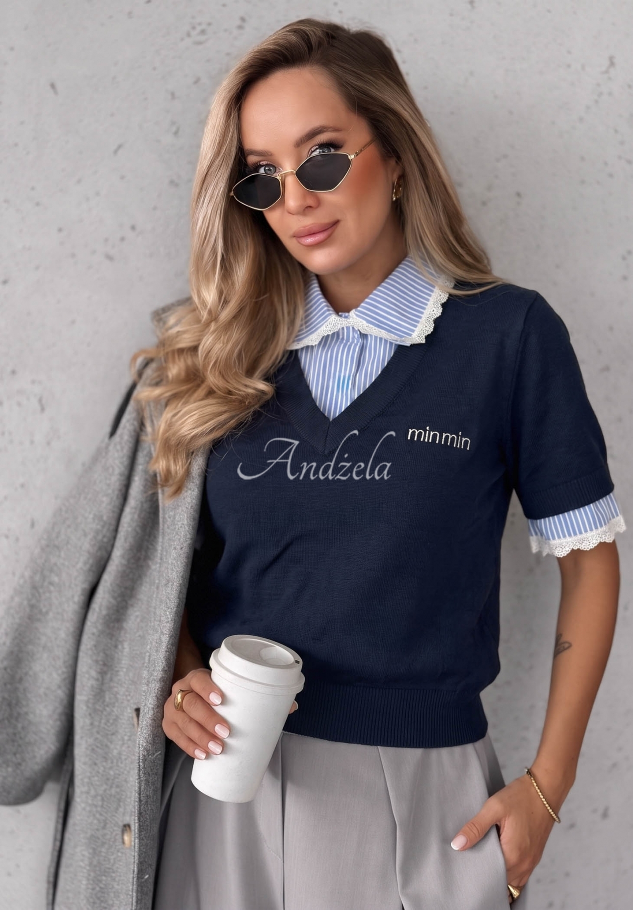 Pulover din vâscoză cu dantelă și guler în dungi Fall Stripes